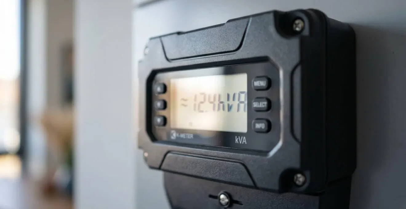 Gros plan sur un compteur électrique professionnel moderne avec affichage digital et disjoncteur