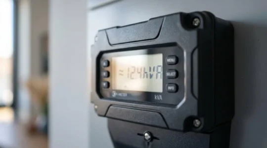 Gros plan sur un compteur électrique professionnel moderne avec affichage digital et disjoncteur