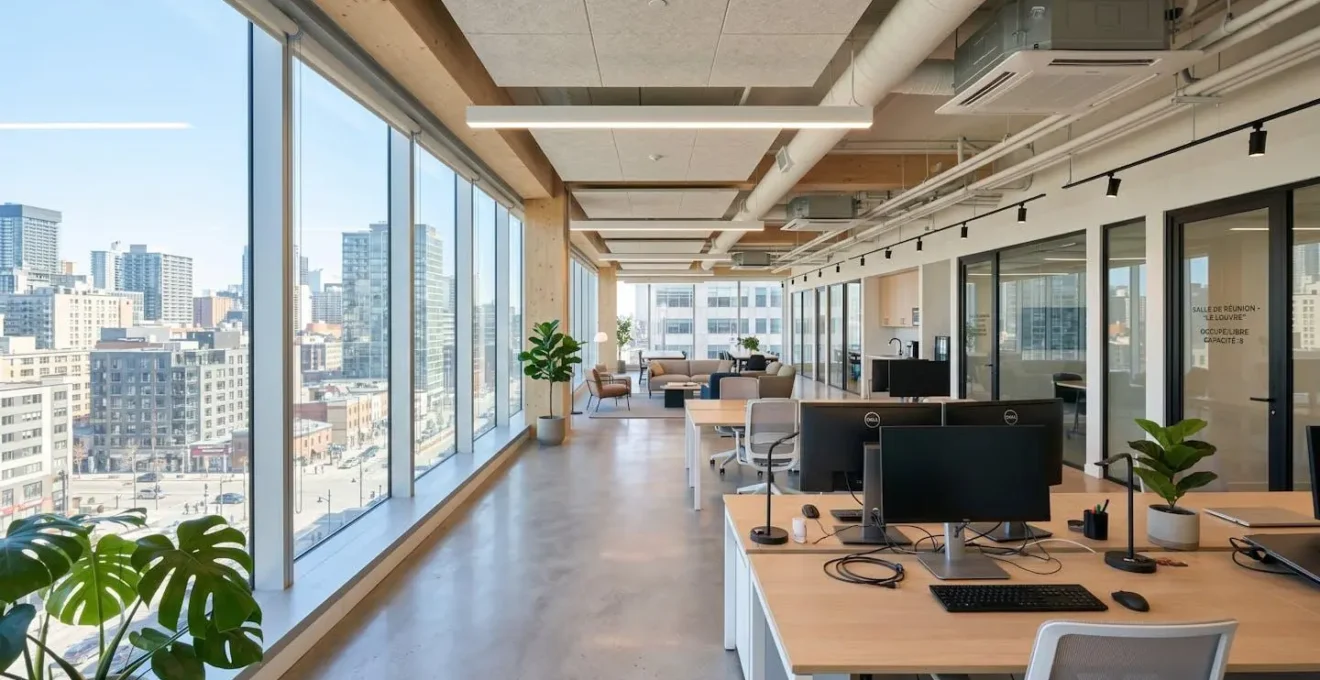 Intérieur d'un local commercial moderne et lumineux avec équipements professionnels visibles en arrière-plan