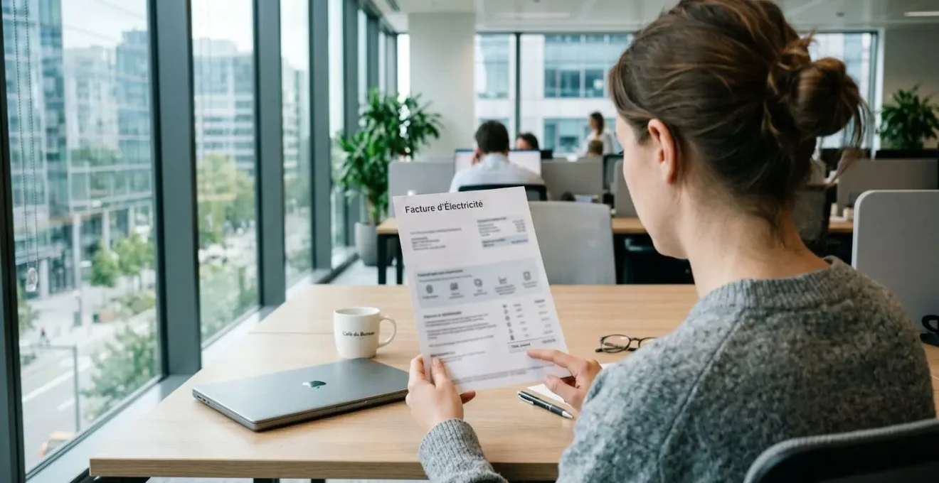 Personne vue de dos consultant une facture d'électricité posée sur un bureau moderne dans un environnement de travail contemporain